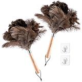 Nicemiya 2PCS Ostrich Feather Dusters with Wooden Handle, 13.5 inch Natural Fluffy Feather Dusters for Dusting Home, Car, Delicate Surfaces, Reusable Soft Cleaning Tools for Ledges, Blinds