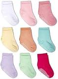 ZAPLES Baby Girls Non Slip Grip Crew Socks with Anti Skid Soles for Infants Toddlers Kids (Girls - 9 Pairs, 6-12 Months)