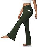 DLOODA Women's Flare Leggings with Pockets-Crossover High Waisted Bootcut Yoga Pants-Tummy Control Workout Leggings Bell Bottom Work Pants Army Green