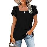 Womens Summer Tops Casual Square Ruffle Neck Short Sleeve T Shirts Loose Fit Shirts Tops Tunic Blouses Medium A-Black