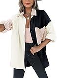 Dokotoo Classic Color Block Button Up Shirts for Women Comfy Roll Up Long Sleeve Turn Down Collar Soft Oversized Boyfriend Tops Outerwear Blouse Summer Beach Cover Up Black XL