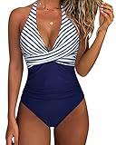 SUUKSESS Women Sexy Tummy Control One Piece Swimsuits Halter Push Up Monokini Bathing Suits (White Blue Striped, M)