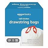 Amazon Basics Tall Kitchen Drawstring Trash Bags, 13 Gallon, 120 Count, Pack of 1