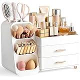 HBlife Makeup Organizer with Brush Holder for Vanity, Large Plastic Bathroom Countertop Organizer Skin Care Storage, Easy to Store Lipsticks, Nail Polishes, Perfumes, Eyeshadow Palettes, All White