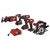 SKIL 20V 4-Tool Combo Kit: 20V Cordless Drill Driver Reciprocating Saw, Circular Saw and Spotlight, Includes Two 2.0Ah PWR CORE Lithium Batteries and One Charger - CB739701,Black, Red