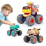 Toy Cars For 1 2 3 Year Old 3 Pack Monster truck Toy Push & Go Crocodile Friction Powered Bull Pull Back Leopard Car Big Wheel Animal Car Baby Toy Gift For 12 18 Month Boys Girls Toddlers