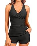 Women Black Tankini Swimsuits with Shorts - Two Piece Tummy Control Bathing Suits Top with Two Pockets Bottom Swimwear XL
