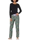 Amazon Essentials Women's Lightweight Flannel Pant and Long-Sleeve T-Shirt Sleep Set (Available in Plus Size), Black Folkloric, X-Small