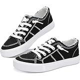 Obtaom Women's Play Fashion Sneaker Black Color Washed Canvas Slip on Shoes(Black US8)