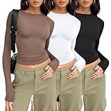 AUTOMET 3 Pack Womens Long Sleeve Shirts Fall Fashion 2025 Basic Crop Tops Slim Fit Winter Clothes Black White Coffee Gray S