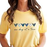 One Day at a Time Shirt, Hearts Graphic Tee, Recovery Gift for Her, Encouragement TShirt, Inspirational Quotes, Mental Health Awareness (L, Heather Yellow)