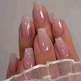 Hkanlre Bling Coffin Press on Nails Fake Nails Tips Full Cover Medium False Gradient Nails for Women and Girls 24PCS (Coffin pink)