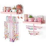 Keebofly Jewelry Organizer Wall Mounted Hanging with Wooden Shelf for Kids, Girls, Teens, Jewelry Holder Storage Display for Earring, Necklace, Bracelet, Bow, Pink, (Patented)