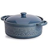 FUN ELEMENTS Lace Emboss Casserole Dish with Lid, 2 Quart Oven to Table Ceramic Round Serving Dish with Handles for Dinner and Party, Thanksgiving Christmas Gifts(Grayish Blue)