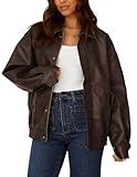 PRETTYGARDEN Women's Faux Leather Motorcycle Jacket Trendy Fall Spring Clothes Oversized Zip Up Winter Coat Outerwear (Dark Coffee,Medium)