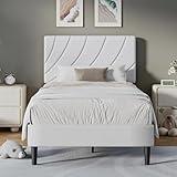 HOMBCK Twin Bed Frame with Headboard, Upholstered Twin Platform Bed for Kids with Headboard Faux Leather Strong Wooden Slats, No Box Spring Needed, Easy Assembly, White