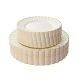 Lullaby 60PCS Ivory Scalloped Plastic Plates with Gold Rim, Disposable Elegant Plates Include 30pcs Dinner Plate 10.25", 30pcs Plastic Dessert Plate 7.5", Perfect for Wedding and Party