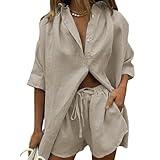 Linen Sets for Women 2 Piece Short Spring Beach 2 Piece Women Sets Linen 2025 Matching Womens Sweatsuit Plus Size Cruise Cover Up Set Summer Resort Cute Two Piece Outfit,Khaki,Small