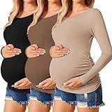 Ekouaer 3 Packs Maternity Top Side Ruched Pregnancy T Shirts Long Sleeve New Mom Clothes Black/Brown/Khaki S