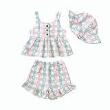 Thorn Tree Infant Baby Girl Summer Clothes Sleeveless Hem Vest Top Ruffle Shorts Sun Helmet 3Pcs Outdoor Outfits (Plaid Set, 3-6 Months)