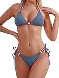 TASHEHE Women's Triangle String Bikini Set Sexy Tie Side Two Piece Swimsuit Cute Halter Bathing Suit - Blue Nova - Small