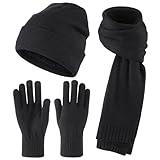 Home Prefer Men's Knit Beanie Hat Scarf Gloves Cold Weather Set Long Neck Scarf Touchscreen Gloves Winter Cap with Fleece Lined Beanie for Men Black