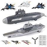 WASAiKA Aircraft Carrier Toy and Submarine Toy Naval Ship with Launching Small Scale Model Fighter Jet Toy and Torpedoes, Ideal Army Toys Set for Kids Boys Girls