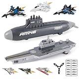 WASK Aircraft Carrier Toy and Submarine Toy Naval Ship with Launching Small Scale Model Fighter Jet Toy and Torpedoes, Ideal Gift Army Toys Set for Kids Boys Girls