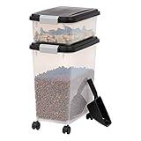 IRIS USA Dog Food Storage Container, 30 lbs & 11 lbs Combo, Cat Food Storage Container, Dog Treat Container, Airtight, Stackable, 2-Cup Scoop, Wheels, Easy Mobility, Black