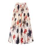 Kingfancy Women's Pleated Skirt Chiffon Elastic Waist A-Line Midi Length Skirt Beige Flower L New