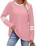 Sampeel Long Sleeve Shirts for Women Color Block Sporty Style Casual Tops for Teachers Womens Fall Fashion 2025 Basic Tees Tshirts Work Outfits Trendy Clothes Women's Winter Clothing Pink L