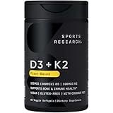 Sports Research® Vegan D3 5000iu with Vitamin K2 100mg - Formulated with Coconut MCT Oil - Vegan Certified, Soy & Gluten Free - 60 Softgels