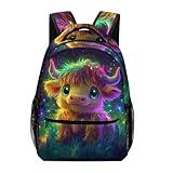 KOYI Cow Backpack for Kids, Cute Baby Cow Backpack for Boys Girls, Funny Animal in Galaxy Bookbag, Elementary Middle School Travel Laptop Backpack, 16.5-inch, Brown