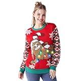 Giggling Getup Ugly Christmas Sweater for Women, Adult LED Light Up Sloth Christmas Ugly Sweater, Ugly Holiday Sweater for Women Red and Brown