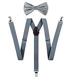 TIE G Solid Color Men's Suspender + Woven Bow Tie Set for Wedding : Vivid Color, Adjustable Brace, Strong Enhanced Clip, Elastic Band (Grey)