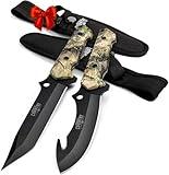 Mossy Oak Fixed Blade Hunting Knife Set - 2 Piece, Full Tang Handle Straight Edge and Gut Hook Blades Game Processing Knife, Sheath Included - Yellow Camo