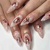 QQPPOLIU Pink Almond Medium Press on Nails Classical Nails Press on Fake Nails wth Strawberries Design Glue on Nails Cute Nails Little Gift for Girlfriends and Youth