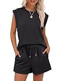 ANRABESS Two Piece Sets for Women 2025 Summer Short Lounge Set Casual Beach Vacation Outfits Spring Sweatsuits Tracksuit Black Medium
