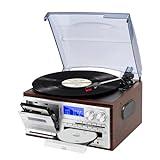 MUSITREND Record Player 9 in 1 3 Speed Bluetooth Vintage Turntable CD Cassette Vinyl Player AM/FM Radio USB/SD Playback Aux-in RCA Line-Out (Silver)