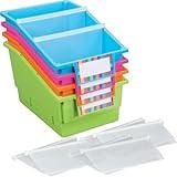 Really Good Stuff Chapter Book Library Bins with Dividers, 8¾" x 13½" x 7¾" - 4 Pack, Neon | Plastic Shelf Bin Organizer for Classroom Library, Book Organization, Documents, Files, Magazines