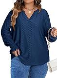 Eytino Women Plus Size Fall Tops Puff Long Sleeve V Neck Split Loose Casual Blouse Shirts,3X Sail