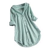 Women Striped Button Down Shirts Classic Long Sleeve Tunic Tops Stylish Collared Office Work Blouses Curved Hem Tops, Green,Medium