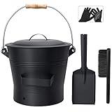 BRIAN & DANY Ash Bucket with Lid, 2.6 Gallon Fireplace Ash Bucket with Shovel and Hand Broom, Metal Bucket for Fireplace, Fire Pit, Wood Burning Stove, Black