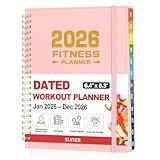 2026 Fitness Workout Journal Planner for Women & Men, JAN 2026 - DEC 2026 Exercise Planner, 6.4" x 8.3" Workout Calendar Journal Essentials Gift for Goals, Tracking, Gifts with PVC Plastic Cover, Pink