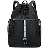 PinCute Drawstring Gym Bag for Men/Women - Mesh Beach Swim Bags Sports Backpack with Wet Pocket&Shoe Compartment, Lightweight (Black)