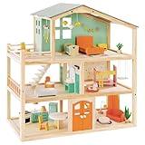 Large Wooden Dollhouse with 32 Pcs Furniture Accessories, 3-Story Doll House 5 Rooms Balcony Wooden Stairs, Ideal Dollhouse Playset Toy for Kids Ages 3+, 30" H x 28" L x 13" W