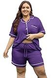 Vozanet Women's Plus Size Button Down Pajamas Soft Lounge Sets Shorts with Pockets Bride Nighty Solid Soft Pjs 1x to 5x, BrightPurple, 4X-Large