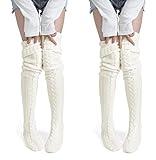 Pcavin Women's Thigh High Socks Over the Knee Cable Knit Boot Socks, Long Warm Fashion Leg Warmers Winter(White&White)