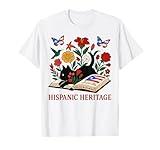 Puerto Rico Hispanic Heritage Month Book Cute Floral Cat Art T-Shirt
