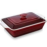 LOVECASA 4.5 Quart Ceramic Casserole Dish with Lid, 9x13 Baking Dish for Oven, Lasagna Pan Deep with Handles, Stoneware Bakeware, Oven & Dishwasher Safe, Gradient Red